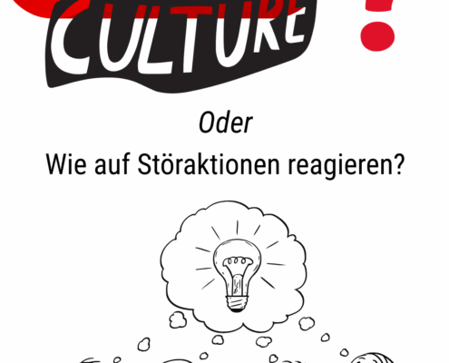 4 Figuren denken im Cartoo - Stil nach und haben eine Idee (Sprechblase mit Glühbirne), darüber steht: Cancel Culture? Wie auf Störaktionen reagieren?